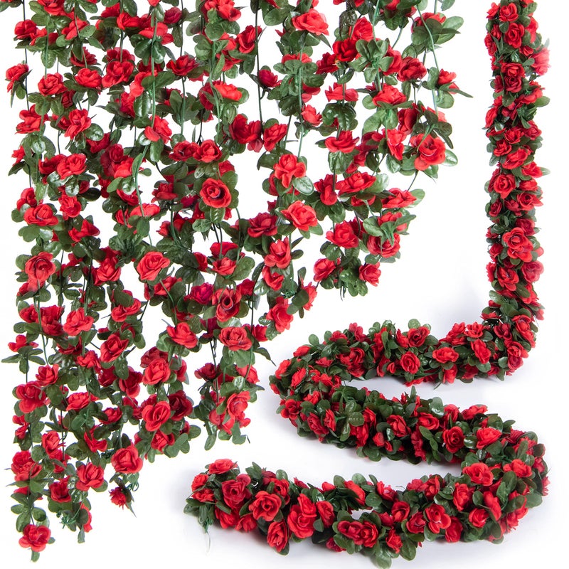 PONKING 8 Pcs x 8.2 ft Flower Garland Artificial Rose Vine Flowers with Green Leaves Hanging Fake Roses Vine for Room Party Home Wedding Birthday Christmas Wall Arch Decor, Spring Red Flower - Image 1